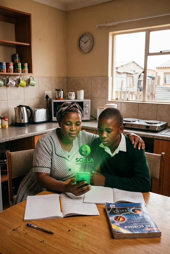 A South African parent and learner reviewing schoolwork together